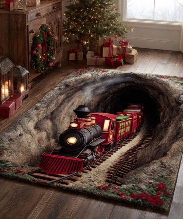 Holiday Tunnel Ride Christmas Rug — Festive Scenic Area Rug With Sleigh & Winter Path, Durable Low-Pile For Seasonal Decor