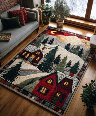 Charming Holiday Village Rug — Cozy Winter Streetscape Area Rug For Family Room & Entry, Durable Low-Pile, Non-Slip, Fade-Resistant