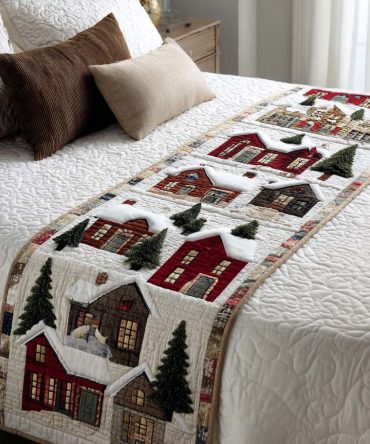 Holiday Village Quilted Bed Scarf — Festive Decorative Bed Runner With Charming Town Motif, Reversible Seasonal Accent For Bedrooms