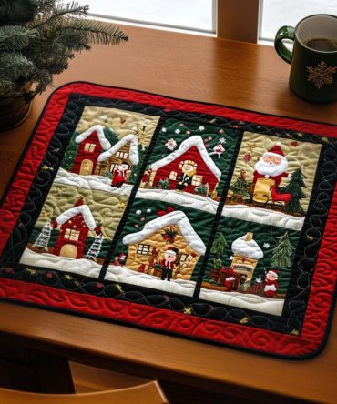 Holiday Village Quilted Table Placemats — Festive Scenic Dinner Mats for Christmas Tables, Padded Cotton, Easy-Care & Gift-Ready