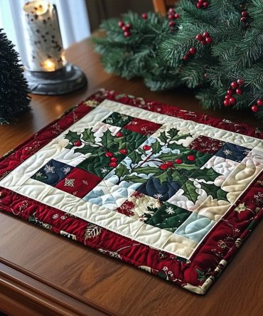 Holly Joy Quilted Placemat — Classic Christmas Table Mat With Festive Holly Print, Durable Padding, Easy-Care, Holiday Ready