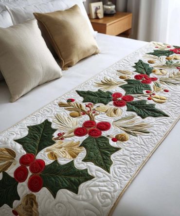 Holly Berries Quilted Bed Scarf — Classic Holiday Red & Green Bed Runner, Festive Quilt Accent For Sofa, Bed Or Entryway, Easy-Care Seasonal Decor