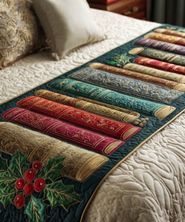 Holly & Hearth Quilted Bed Runner — Festive Holly Chronicles Bed Scarf For Holiday Bedrooms, Warm Quilted Holiday Accent