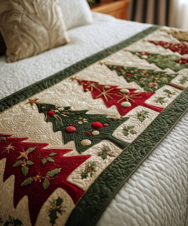 Holly Forest Quilted Bed Runner — Festive Christmas Bed Scarf With Botanical Holly Pattern, Reversible Holiday Bedroom Accent
