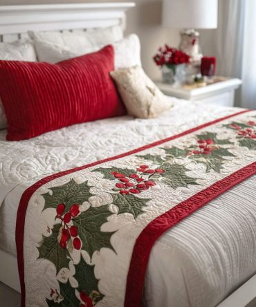 Festive Holly Garden Quilted Bed Runner , Holiday Bedroom Scarf For Queen & King Beds, Reversible, Easy Care