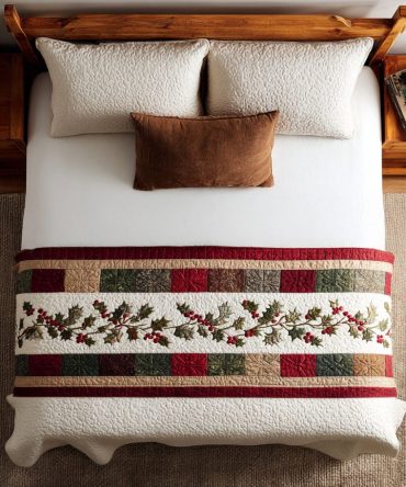 Holly Glow Nights Quilted Bed Runner - Lush Holly & Berries Holiday Bed Accent, Warm Seasonal Decor, Reversible & Machine Washable