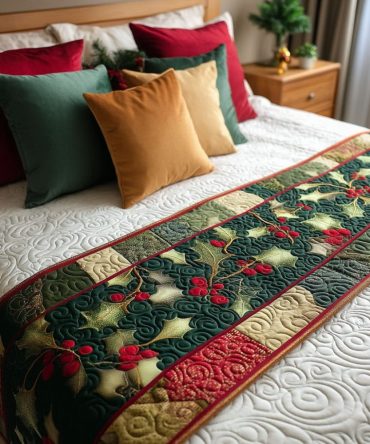 Holly Harmony Quilted Bed Scarf — Classic Festive Bedding Accent For Queen & King, Holly Motifs & Cozy Quilting For Holiday Charm
