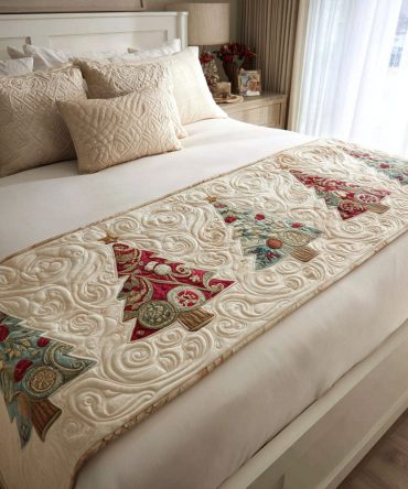 Holly Jolly Tree Quilted Bed Runner — Festive Christmas Tree Bed Scarf, Holiday Bedroom Decor, Reversible, Soft Cotton Blend