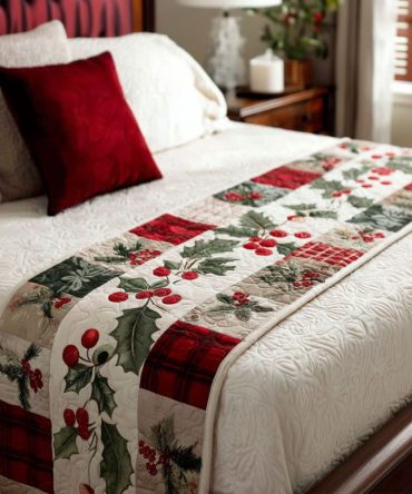 Holly Meadow Quilted Holiday Bed Scarf — Classic Holly & Berry Christmas Runner, Reversible Festive Bedding Accent For Cozy Bedrooms