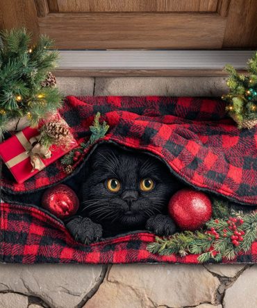 Holly Night Cat Holiday Doormat – Festive Cat Welcome Rug, Durable Non-Slip Entrance Mat For Winter & Christmas Door Décor