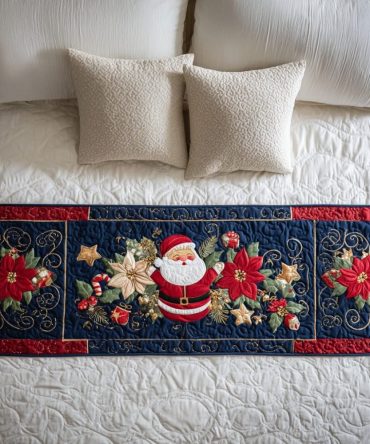 Holly Night Quilted Bed Runner — Classic Christmas Bed Scarf With Holly & Berries Motif For Holiday Decor, Soft Cotton-Blend