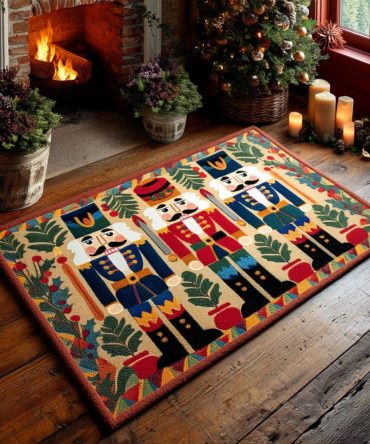 Holly Nutcracker Festive Rug — Classic Holiday Nutcracker Design Area Rug For Living Room & Entry, Durable Low-Pile, Non-Slip Backing