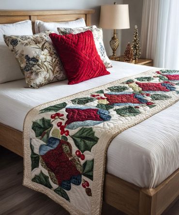 Holly Spark Quilted Bed Runner — Festive Holly Leaf & Berry Design, Soft Quilting For Christmas Bedding, Reversible & Machine Washable