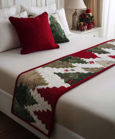 Holly & Starlight Quilted Bed Runner – Elegant Holiday Foliage And Star Embroidery, Premium Accent For Beds, Sofas & Holiday Tablescapes