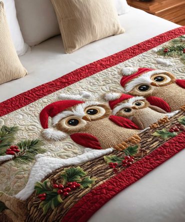 Nocturnal Owl Quilted Bed Runner — Elegant Owl Motif Cotton-Blend Accent For Queen & King Beds, Cozy Nighttime Bedroom Decor