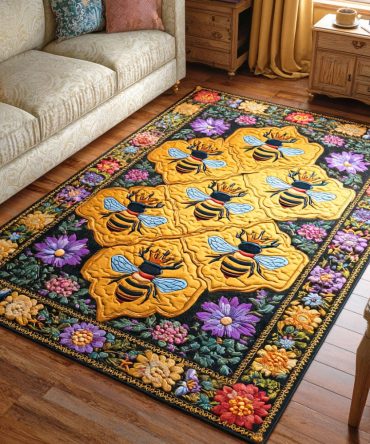 Honey Bloom Field Rug — Floral Meadow Area Rug With Golden Tones For Living Room & Bedroom, Soft Plush Pile, Non-Slip, Easy Care