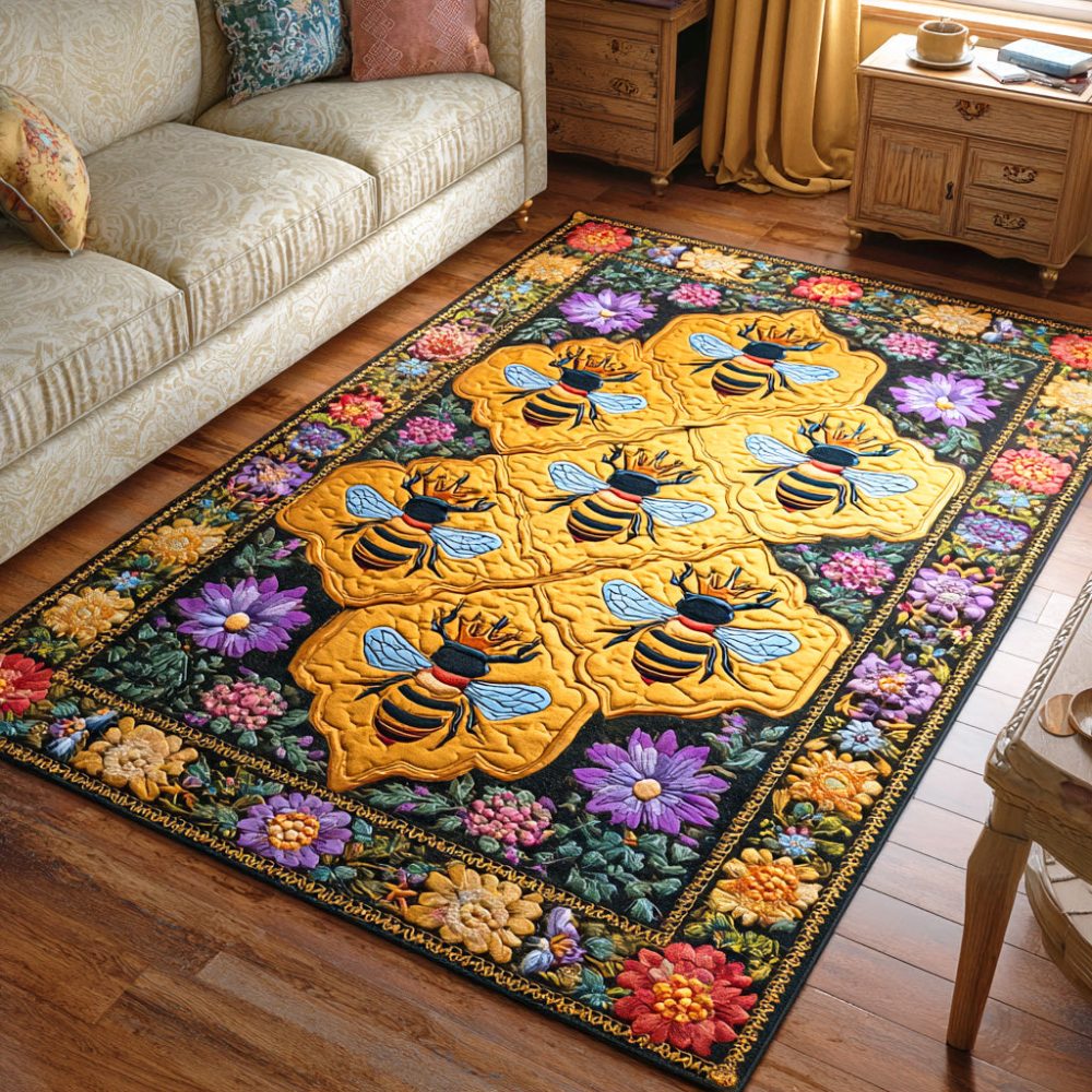 Honey Bloom Field Rug — Floral Meadow Area Rug With Golden Tones For Living Room & Bedroom, Soft Plush Pile, Non-Slip, Easy Care