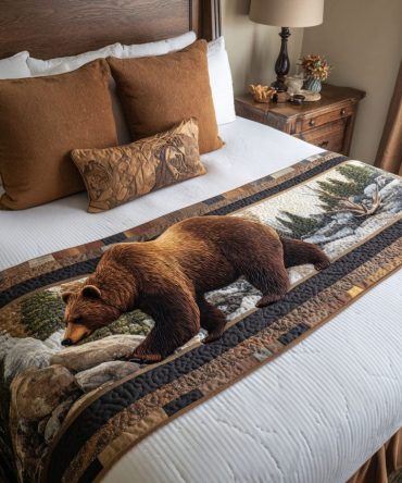 Honeywood Bear Quilted Bed Scarf — Warm Woodsy Bed Runner With Bear Accents For Rustic Bedrooms, Cotton Blend, Reversible