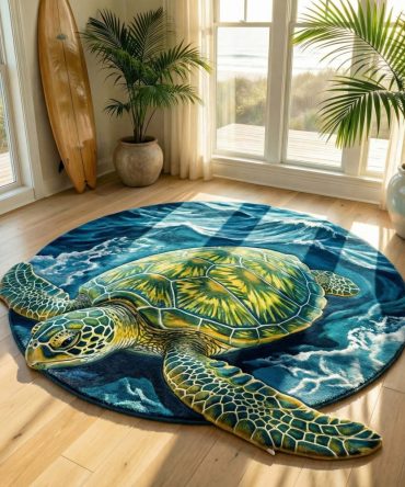 Horizon Turtle Custom-Shaped Rug — Unique Sea Turtle Accent Mat For Kids Room & Coastal Décor, Soft Pile, Non-Slip Bottom, Playful Design