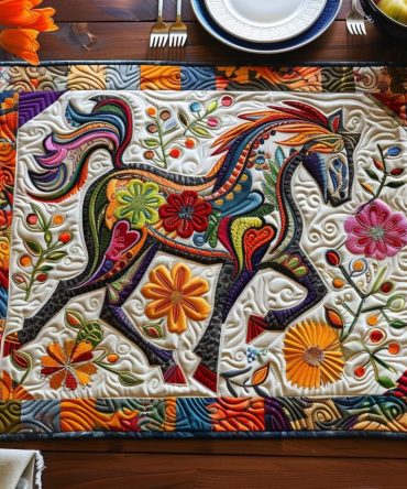 Horse Floral Stroll Quilted Placemat — Delicate Floral Equine Table Mat, Soft Quilted Cotton for Charming Farmhouse & Garden-Style Dining