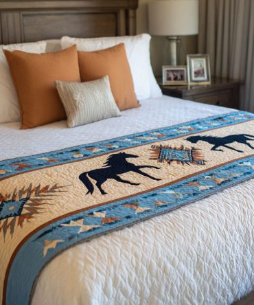 Regal Horse Glory Quilted Bed Scarf — Statement Equestrian Runner For Luxe Farmhouse & Classic Bedrooms, Soft & Stain-Resistant