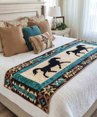 Equestrian Magic Quilted Bedroom Runner — Horse-Themed Decorative Bed Scarf For Rustic & Modern Farmhouse Styles, Washable