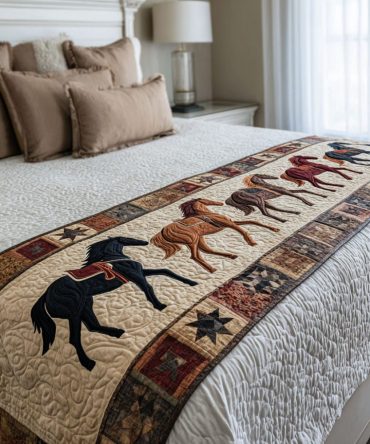 Horse Shine Quilted Bed Scarf — Equestrian-Themed Bed Runner Accent, Reversible Cotton-Blend Throw For Ranch & Country Bedrooms, Durable & Machine Washable