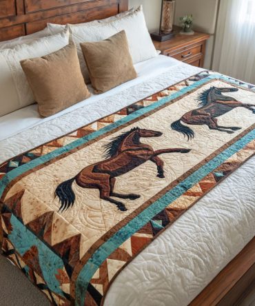 Horse Wonder Quilted Bed Scarf — Elegant Equestrian Bed Runner For Farmhouse & Country Bedrooms, Soft, Machine-Friendly
