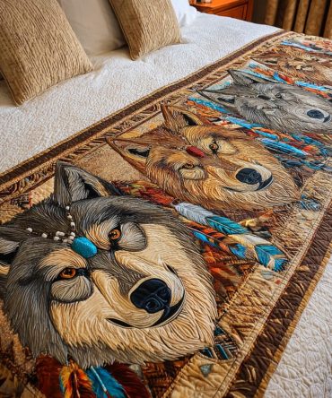 Howling Guardian Quilted Bed Runner — Dramatic Wildlife Motif Runner For Rustic & Lodge Bedroom Styling, Durable