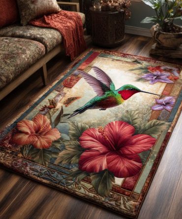 Humming Bloom Floral Area Rug — Vibrant Hummingbird & Flower Design, Soft Low-Pile Accent Rug For Living Room & Bedroom Décor