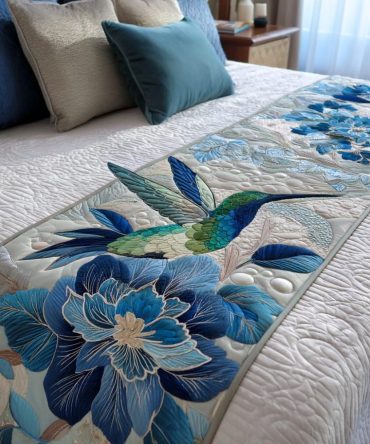 Hummingbird Bloom Quilted Bed Runner — Tropical Floral Bedding Accent, Lightweight Quilted Scarf For Bright Botanical Styling & Everyday Use