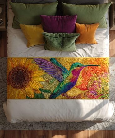 Hummingbird Dance Quilted Bed Runner — Artistic Bird Motif Bedding Accent, Soft Quilted Throw For Serene Bedroom Styling