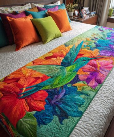 Hummingbird Flight Quilted Bed Scarf - Elegant Bird Motif Bed Runner, Reversible Cotton-Blend, Lightweight, Perfect For Bedroom Décor