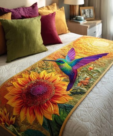 Hummingbird Garden Floral Quilted Bed Scarf - Botanical Bed Runner, Luxury Cotton Blend, Reversible, Lightweight Floral Bedroom Accent