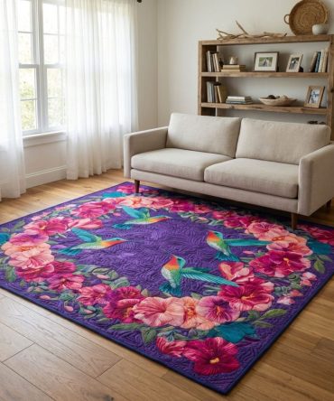 Hummingbird Haven Area Rug — Bright Botanical Print Rug For Indoor Use, Stain-Resistant Low-Pile Design Perfect For Busy Homes