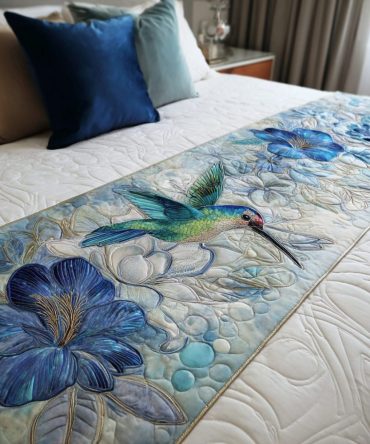 Hummingbird Joy Quilted Bed Runner — Vibrant Nature-Inspired Bed Scarf, Lightweight Hand-Quilted Accent For Stylish Bedrooms