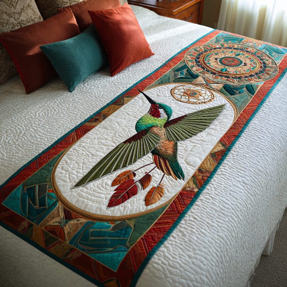 Hummingbird Light Quilted Bed Runner — Delicate Nature-Inspired Bedding Accent, Lightweight Quilted Throw With Bird Motif