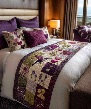 Hummingbird Love Quilted Bed Runner - Vibrant Hummingbird Motif Bed Scarf For Queen & King Beds, Handcrafted Accent