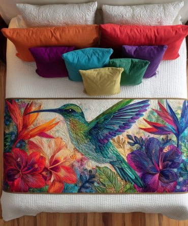 Hummingbird Magic Quilted Bed Runner – Lively Hummingbird & Floral Bedding Accent, Decorative Quilted Scarf For Serene Bedroom Styling