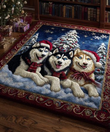 Husky Crimson Chill Area Rug — Bold Red & Gray Husky-Themed Area Rug, Heavy-Duty Low-Pile Design For High-Traffic Rooms & Cozy Dens