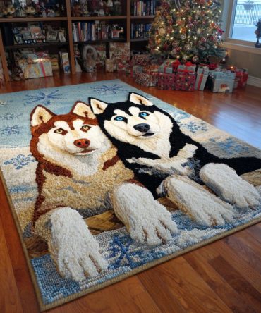 Snowfall Pair Husky Decorative Rug - Soft Winter-Themed Area Rug, Non-Skid Backing, Fade-Resistant Print For Living Room Décor