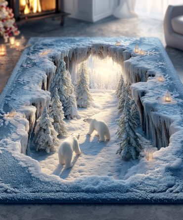 Ice Wanderer Scenic Rug - Frosted Mountain Motif Plush Area Rug, Non-Slip Backing, Soft Durable Carpet For Modern Homes