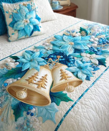 Icy Bell Blossom Quilted Bed Scarf — Delicate Floral Winter Runner, Soft Cotton Blend, Reversible Decorative Accent For Queen & King Beds