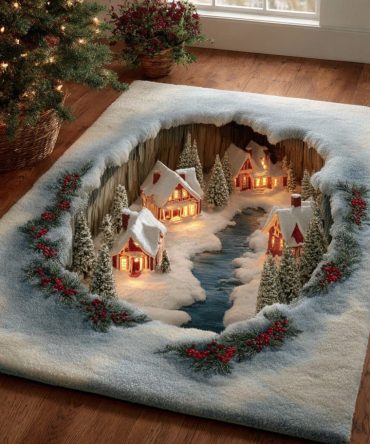 Icy Christmas Village Holiday Rug - Festive Plush Area Mat With Winter Village Print, Non-Skid Backing, Easy-Clean Seasonal Decor