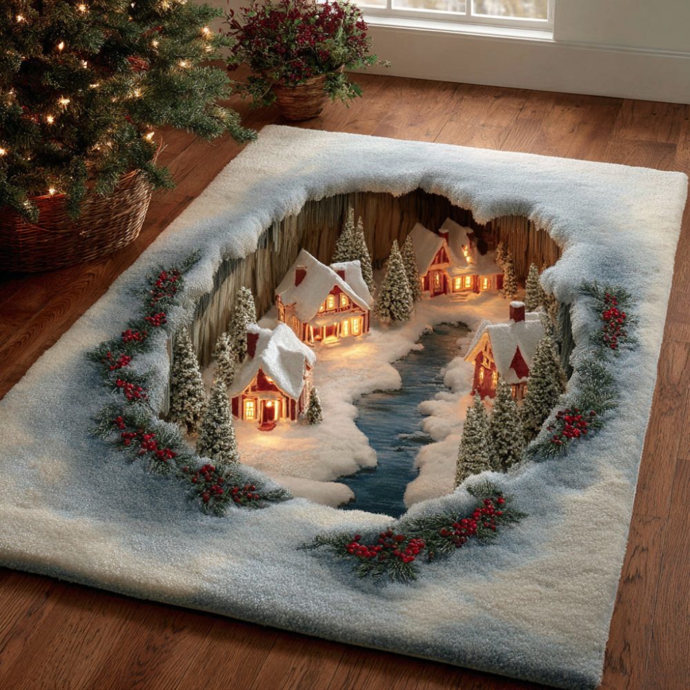 Icy Christmas Village Holiday Rug - Festive Plush Area Mat With Winter Village Print, Non-Skid Backing, Easy-Clean Seasonal Decor