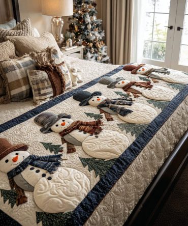 Icy Holiday Happiness Quilted Bed Runner — Cool Winter-Themed Bedding Accent With Snowy Motifs For Elegant Seasonal Styling