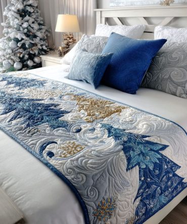 Icy Petals Quilted Bed Runner - Frosted Floral Decorative Bed Scarf, Reversible Cotton Blend With Delicate Petal Stitching For Elegant, Cool-Toned Bedrooms