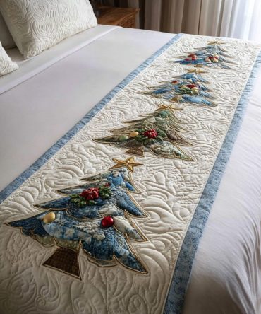 Icy Pines Quilted Bed Runner — Winter Forest Decorative Throw For Queen & King Beds, Reversible Cozy Accent For Seasonal Styling