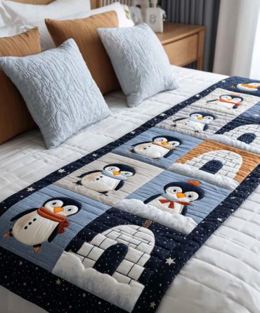 Igloo Friends Quilted Bed Runner - Cute Winter-Themed Bedding Accent With Quilted Detail, Reversible Design For Queen & King Beds, Soft & Washable