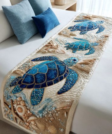 Island Crawler Quilted Bed Runner – Tropical Turtle Accent Runner For Coastal & Nautical Bedrooms, Soft Quilting, Durable & Easy Care